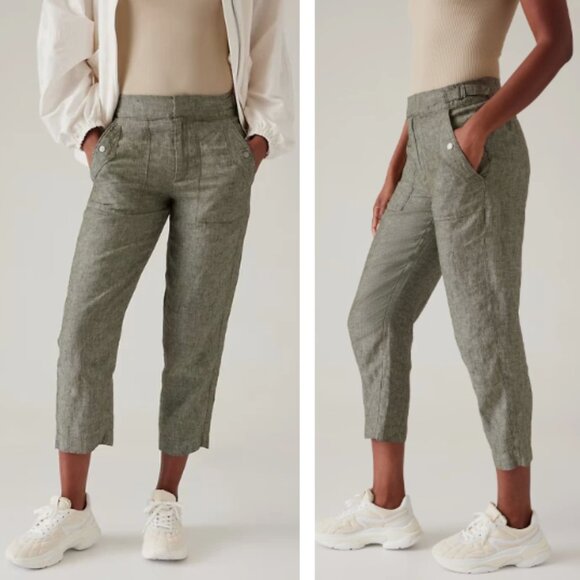 Athleta NWOT Voyager Linen Pants Cropped Aspen Olive Green Size 6 - Picture 1 of 16
